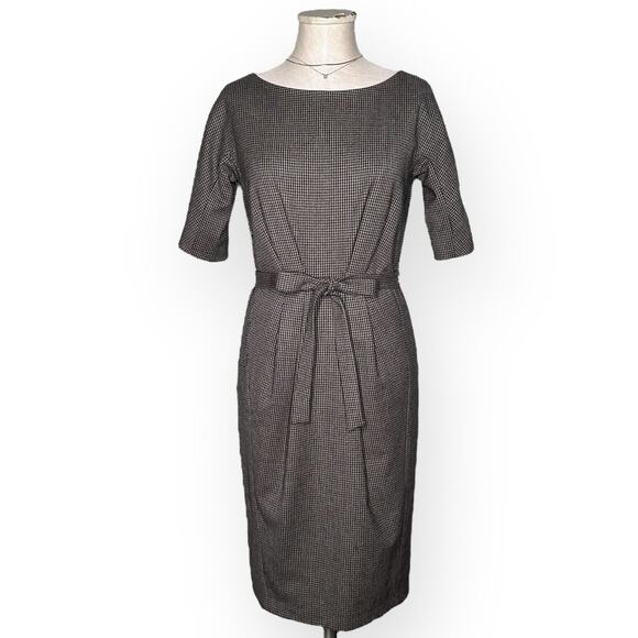 WEEKEND MAXMARA Virgin Wool Sheath Dress Belted Brown Pleated Houndstooth Career - Picture 2 of 12
